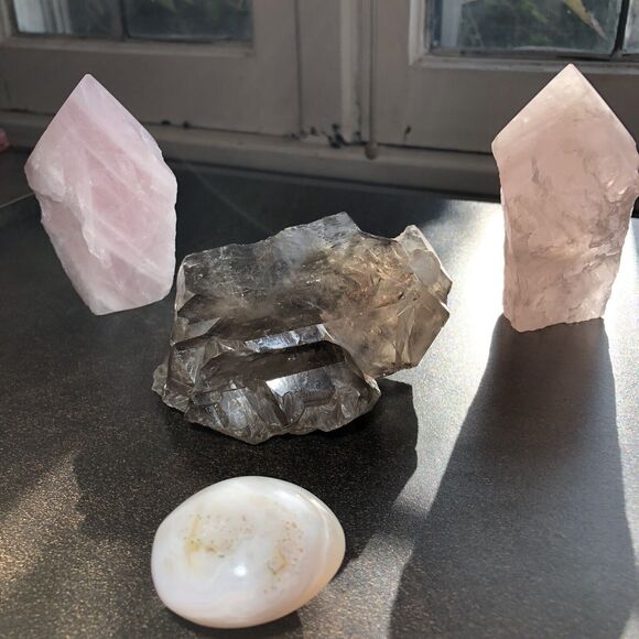 Elestial Smoky Quartz, Rose Quartz & Agate Set  Heart Healing & Balance Crystals - Picture 1 of 9